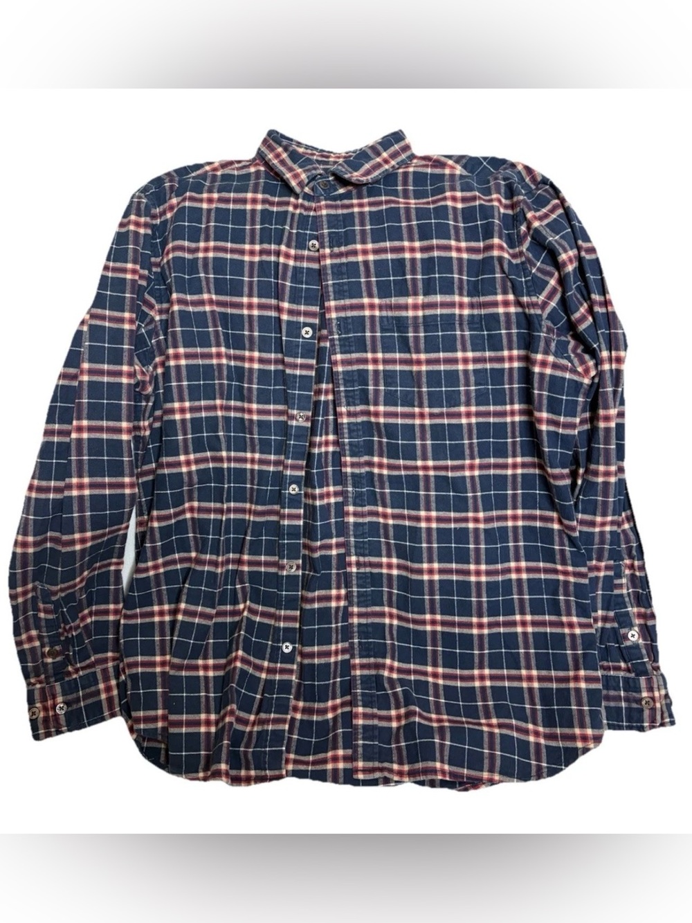 Line of Trade Men's L Plaid Flannel Long Sleeve Button Up Shirt Navy Blue Red